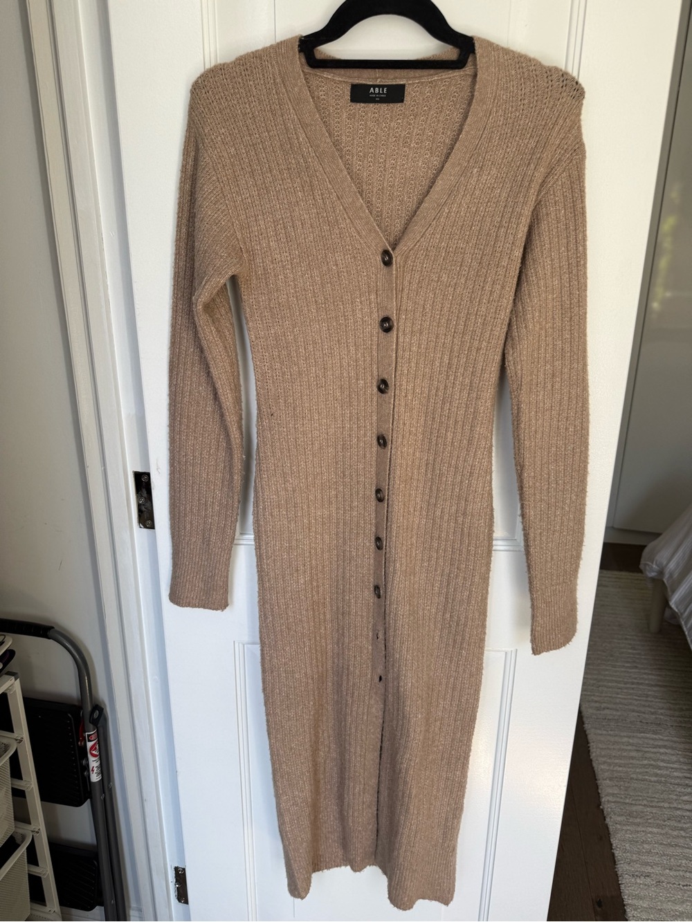 Able Taupe Long Ribbed Button-Front Knit Dress
